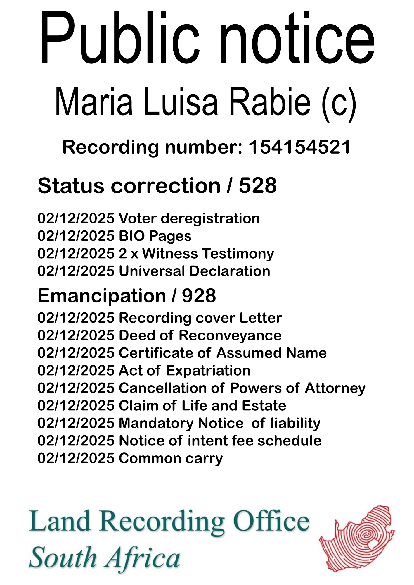 Public notice Maria Luisa Rabie Recording number 154154521